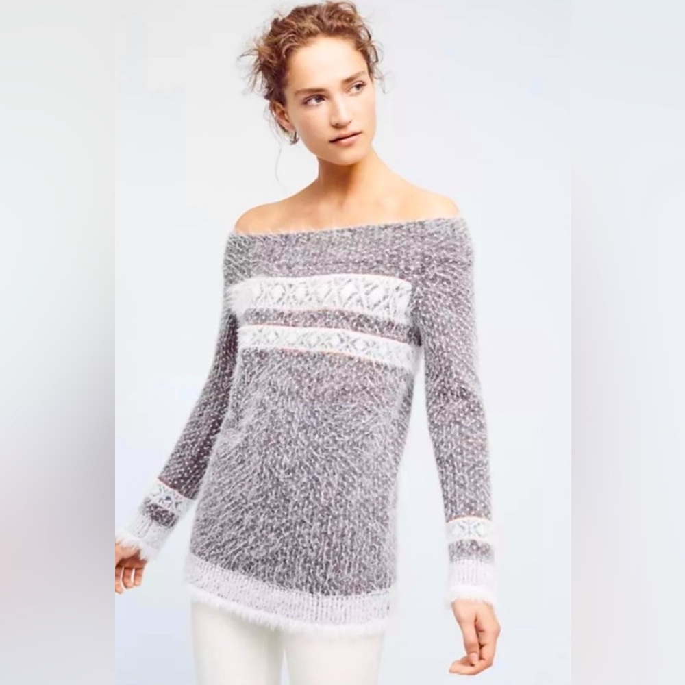 NWT Anthropologie Sleeping On Snow Faroe Off-Shoulder Grey Fair Isle Sweater S
